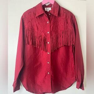 Vintage 90s Fringe Western Cowgirl Silk Button Down Shirt Blouse Top Southwest